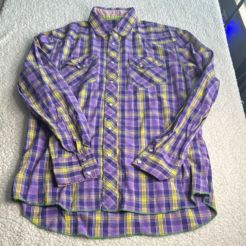Purple and Yellow Plaid Pearl Button Up Men's Casual Shirt